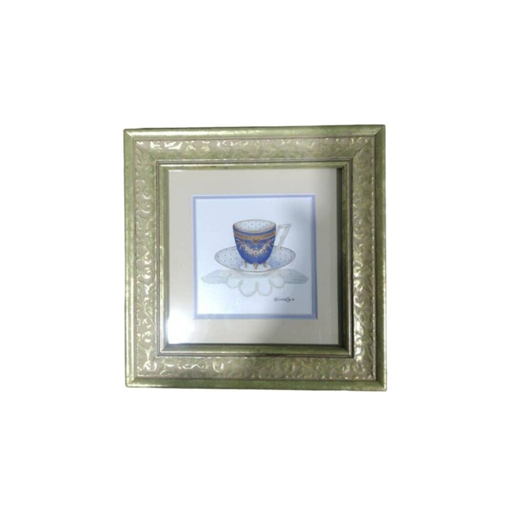 Vtg Wanda Lee Framed Print of a Victorian Blue Teacup and Saucer on a‎ Doily
